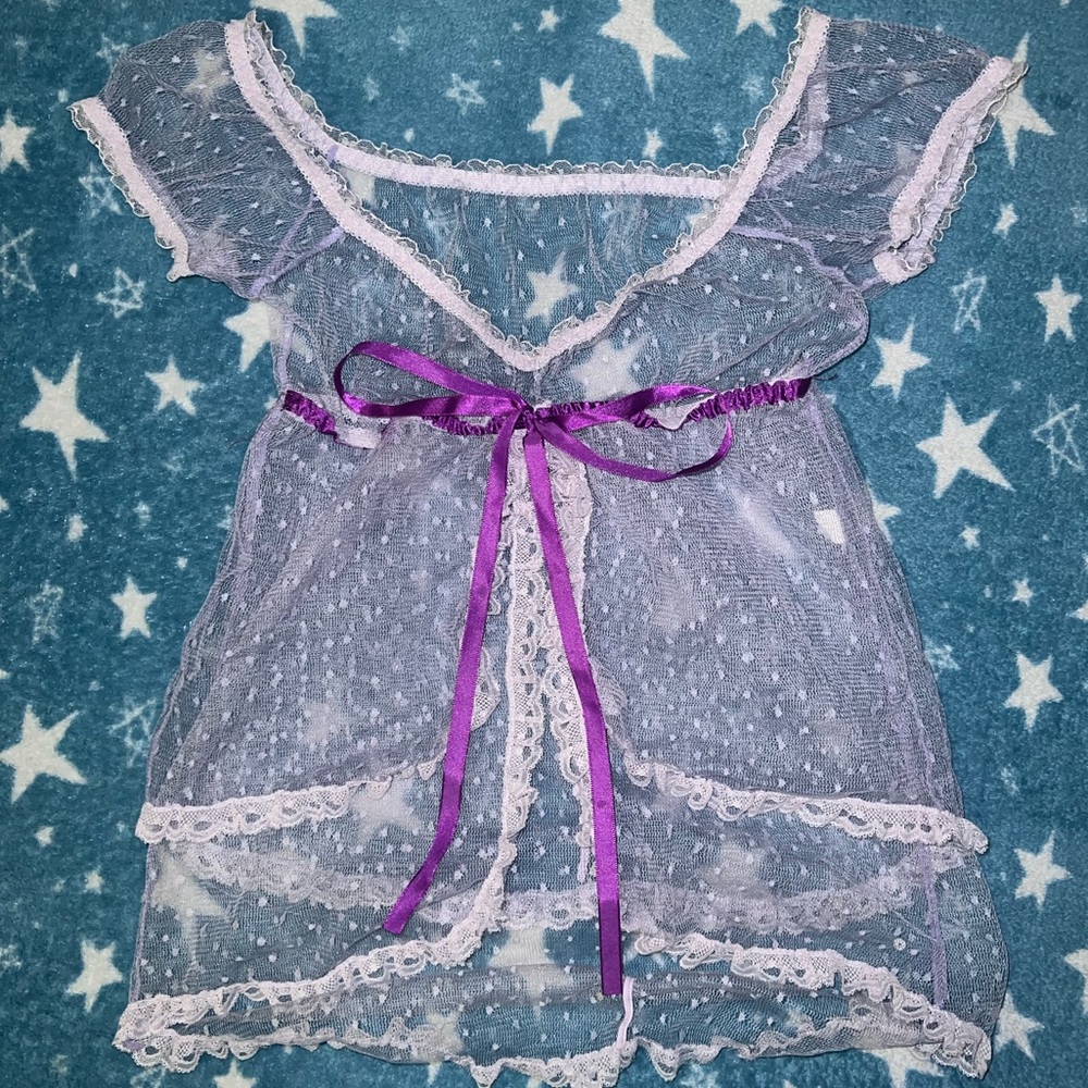 vintage 2000s lilac purple mesh baby doll style top w adjustable bow, Leg Avenue